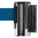 A chrome wall-mount stanchion with a blue retractable belt and a black handle.