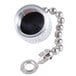 A silver Nemco drain cap with a chain attached.