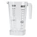 A clear plastic Waring blender jar with a measuring cup on top.