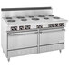 A large stainless steel Garland electric range with two standard ovens.