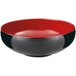A pack of 12 black and red melamine bowls with a red rim.