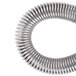 A close-up of a metal spring with a white background.