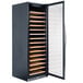 A black wine refrigerator with wooden shelves.