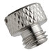 A metal nut with a silver threaded plug.