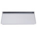 A white metal rectangular toaster drawer with a metal frame and black handle.