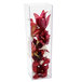 A Cal-Mil clear acrylic square accent vase with red flowers inside.