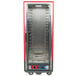 A red Metro C5 heated holding and proofing cabinet with shelves.