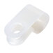 A white plastic clip with a hole.