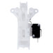 A white plastic device with a black and silver metal switch and bracket.