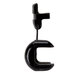 A black plastic pipe clamp with a hook on it.