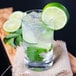 A Stolzle New York tumbler with water, ice, and a lime wedge.