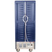 A blue Metro hot holding cabinet with clear doors.