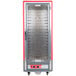 A red and silver Metro C5 hot holding cabinet with shelves and a clear door.