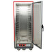 A large metal Metro holding cabinet with a clear door and red accents.