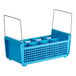 A blue plastic basket with metal handles divided into eight compartments.