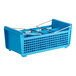 A blue plastic flatware rack with metal handles.