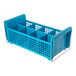 A blue plastic flatware rack with eight compartments and metal handles.