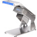 An Edlund stainless steel fruit and vegetable slicer with blue handles.