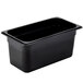 A black rectangular Cambro plastic food pan with a lid.