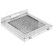 A silver metal square with a grid of holes.