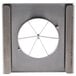 A metal square with a circular hole in it.
