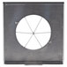 A stainless steel square Edlund blade with a circular hole.