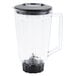 A clear plastic Hamilton Beach commercial bar blender with a black lid.