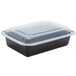 A black Pactiv plastic container with a clear lid.