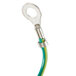 A close-up of the green and yellow cable with a metal hook.