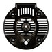 A black plastic circular bottom housing with holes.