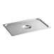 A full size stainless steel solid steam table or hotel pan cover with a central handle.