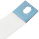 A white oval retainer clip with a blue and white strip.