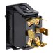 A black electrical device with gold and silver colored connectors and two gold pins.