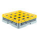 A yellow and gray plastic extender with 16 compartments for glass racks.