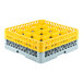 A gray and yellow plastic glass rack with 16 compartments.