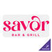 A white rectangular Noble Products label with a pink Savor Bar & Grill logo.