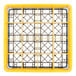 A yellow plastic glass rack extender with black and grey grids.