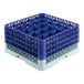 A gray full-size glass rack with 25 compartments and four blue extenders.