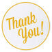 A white circle with yellow text that says "Thank you"