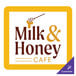 A white square label with a yellow and brown Milk & Honey Cafe logo.