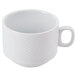 A white coffee cup with a handle.