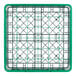 A gray plastic rack with green and black grids on the bottom.