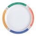 A white GET Creative Table round plate with a colorful diamond striped border.