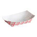 A white rectangular paper food tray with a red plaid pattern.