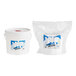 A white bucket with a white lid containing a plastic bag of WipesPlus Lemon Scent Alcohol Free Hand Sanitizing Wipes.