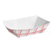 A red plaid paper food tray with white background.