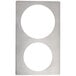 A silver rectangular stainless steel plate with two circles.