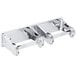 A silver metal Bobrick multi roll toilet paper dispenser holding two rolls of toilet paper.
