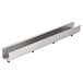 A long stainless steel rectangular rack with black holders for mops and brooms.