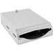 A silver rectangular stainless steel box with a lid and a hole in it.